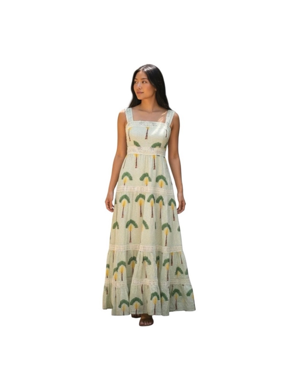 Calypso St. Barth Ivory Maxi Dress with Green and Yellow Palm Motif
